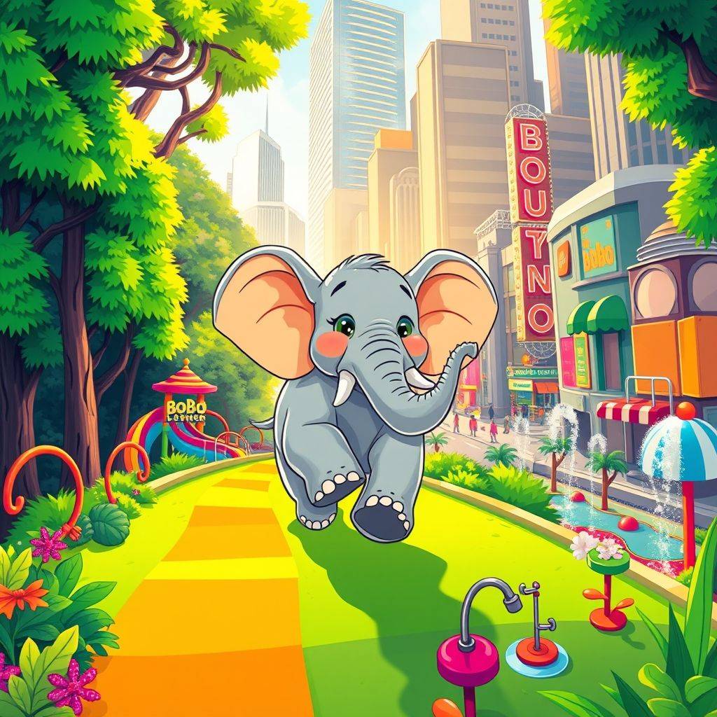 whimsical-Fun20playground20Elephant20Bobo20runs20from20the20big20forest20to20the20city-digital-illustration