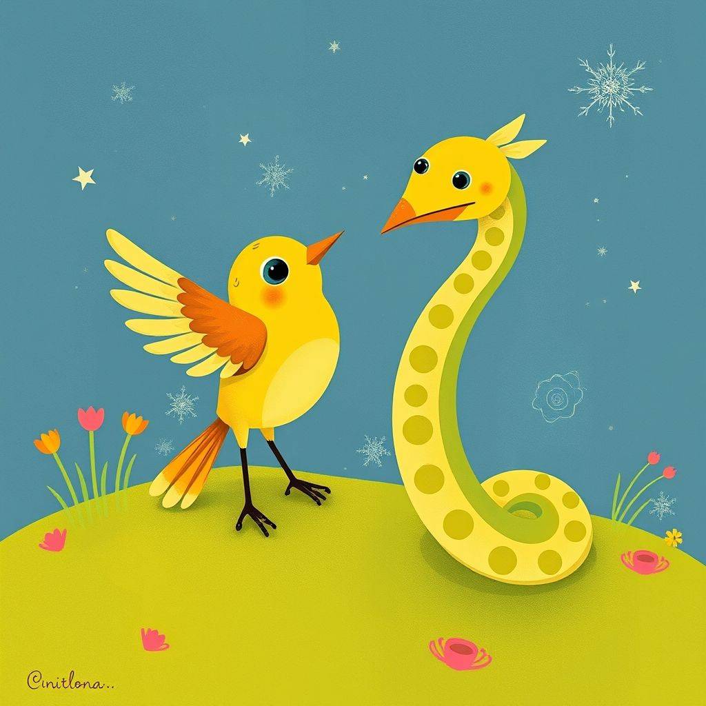 whimsical-The20bird20and20the20snake20There20was20a20bird20who20loved20to20play-digital-illustration