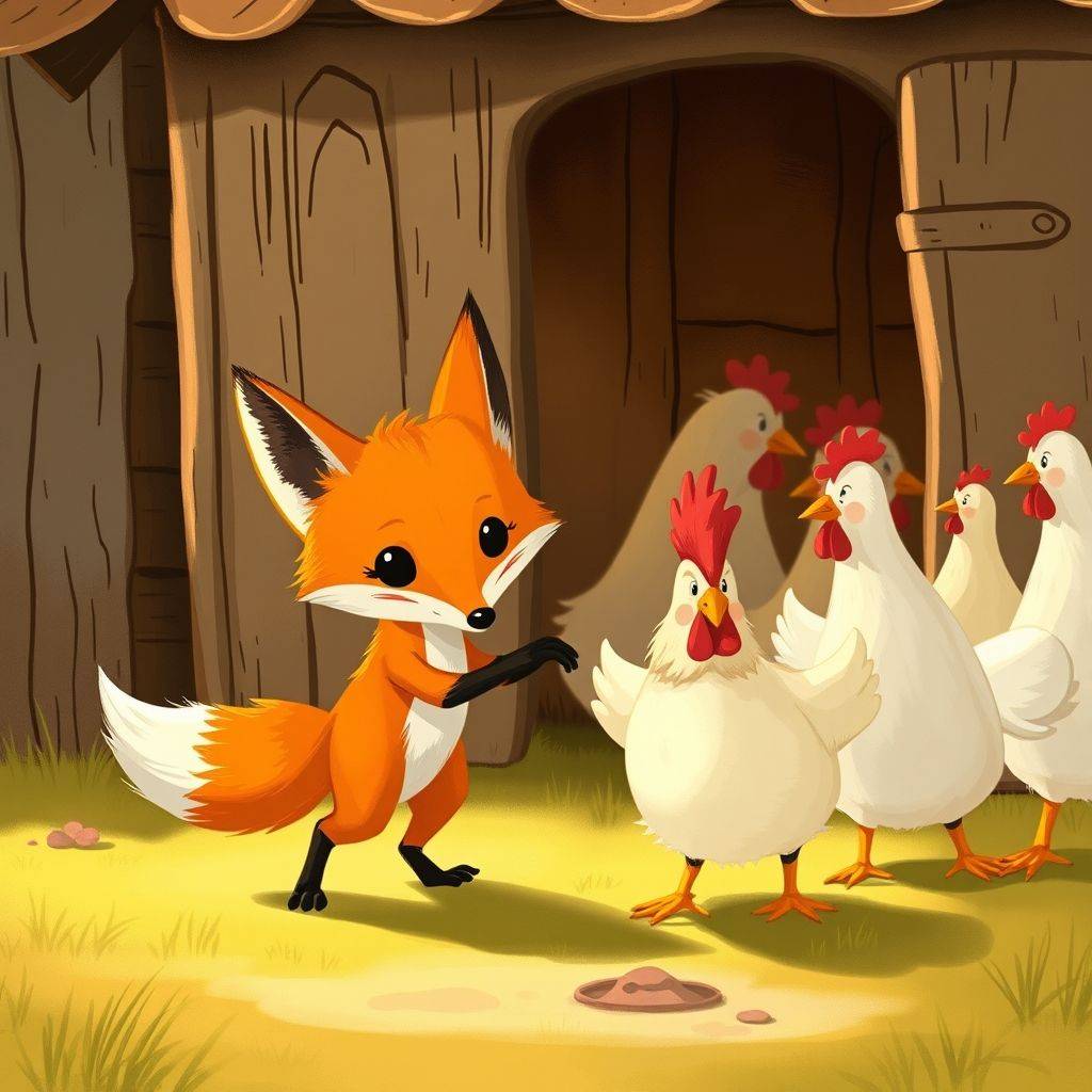 whimsical-The20fox20maintains20order20The20fox20drags20a20chicken20out20of20the20chicken20and20duck20shed-digital-illustration