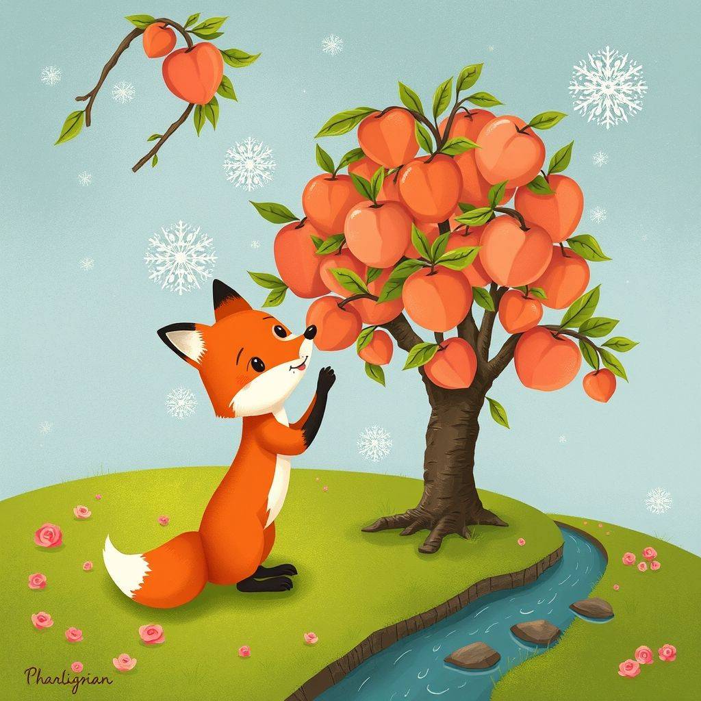 whimsical-The20fox20picks20peaches20A20peach20tree20care20is20built20by20the20river-digital-illustration