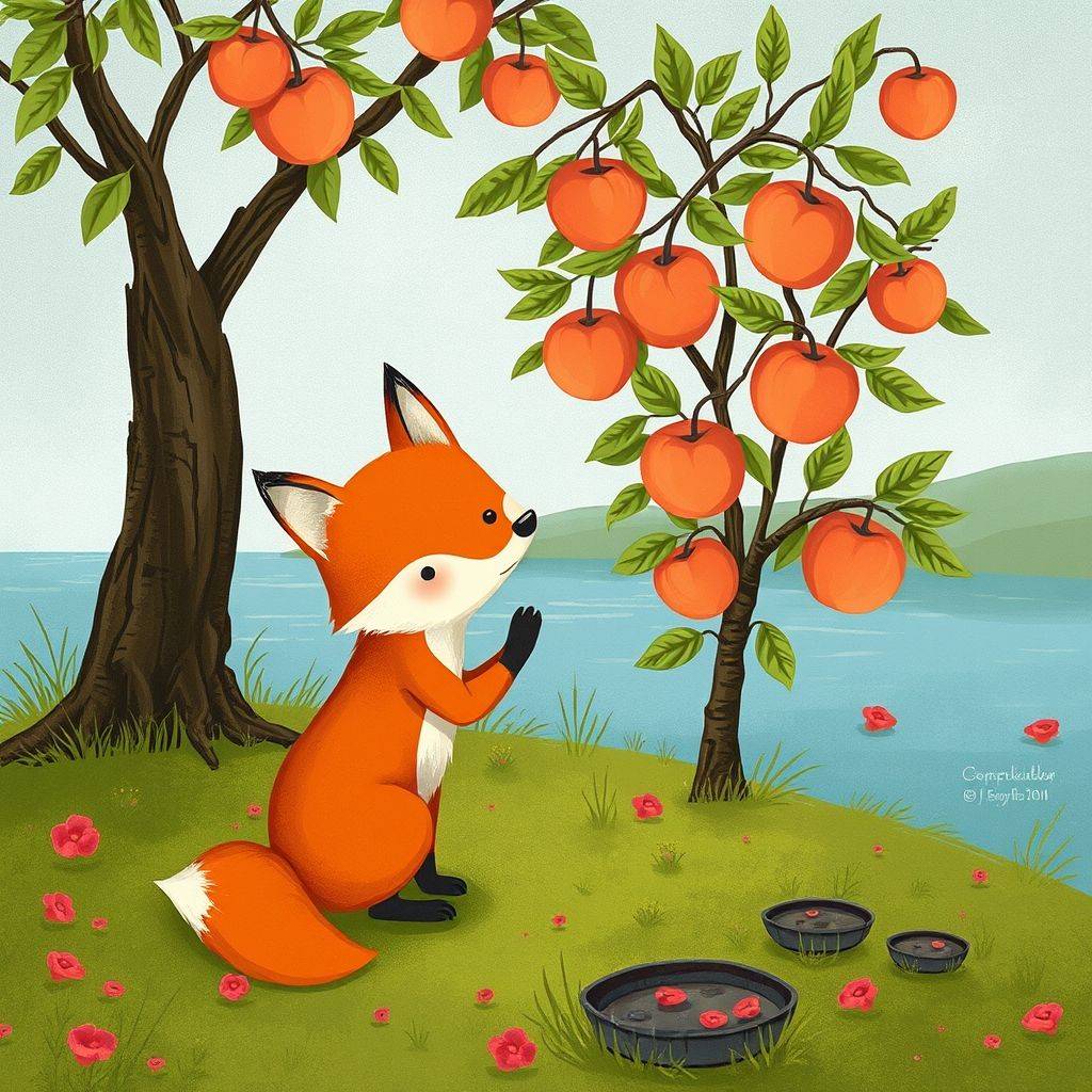whimsical-The20fox20picks20peaches20There20is20a20peach20tree20by20the20river20the20fox20is20at-digital-illustration