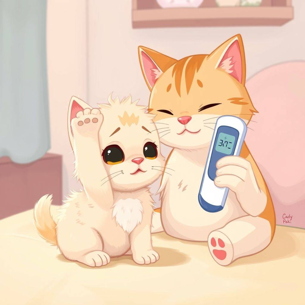 whimsical-The20kitten20takes20its20temperature20The20kitten20has20a20headache20Mom20takes20out20a20thermometer-digital-illustration