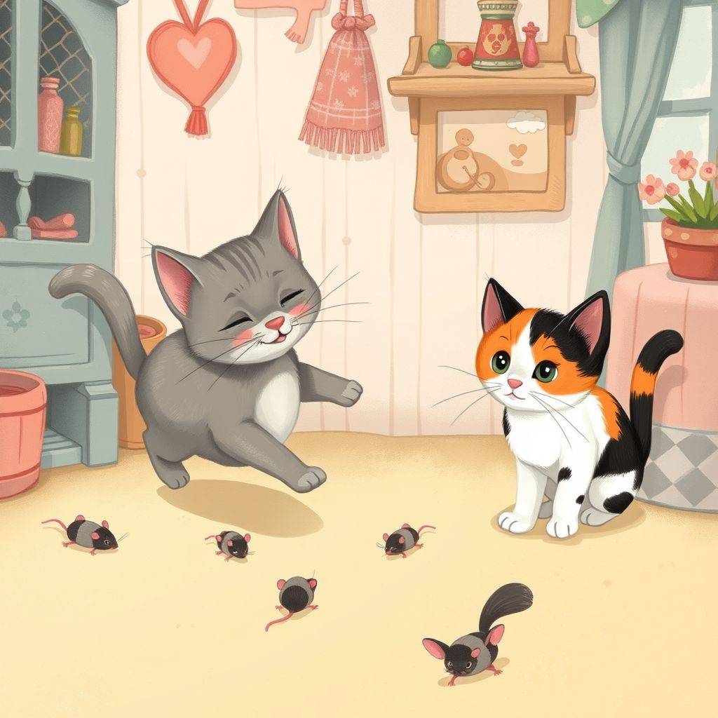 whimsical-The20little20gray20cat20catches20mice20a20little20calico20cat20wants20the20calico20aunts-digital-illustration
