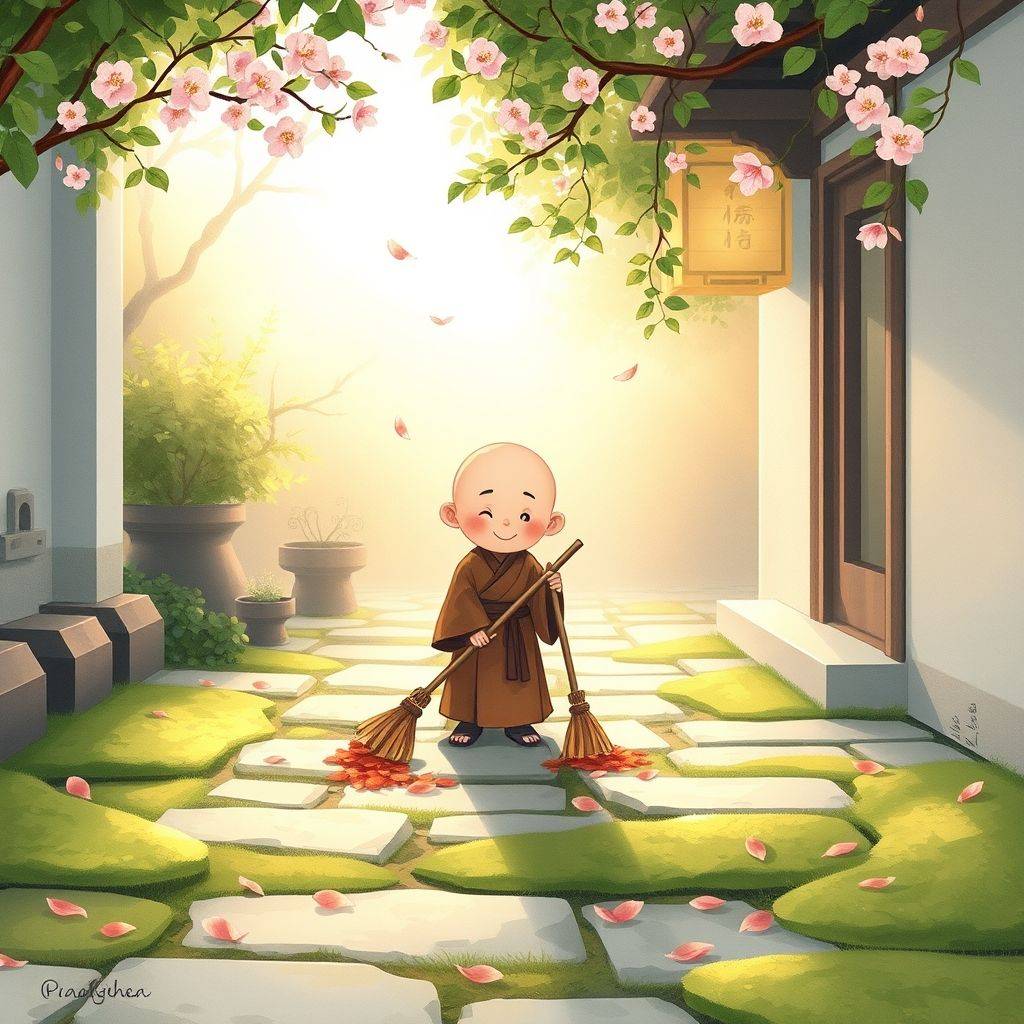 whimsical-The20little20monk20sweeps20the20leaves20There20is20a20little20monk20who20is20responsible20every20morning-digital-illustration