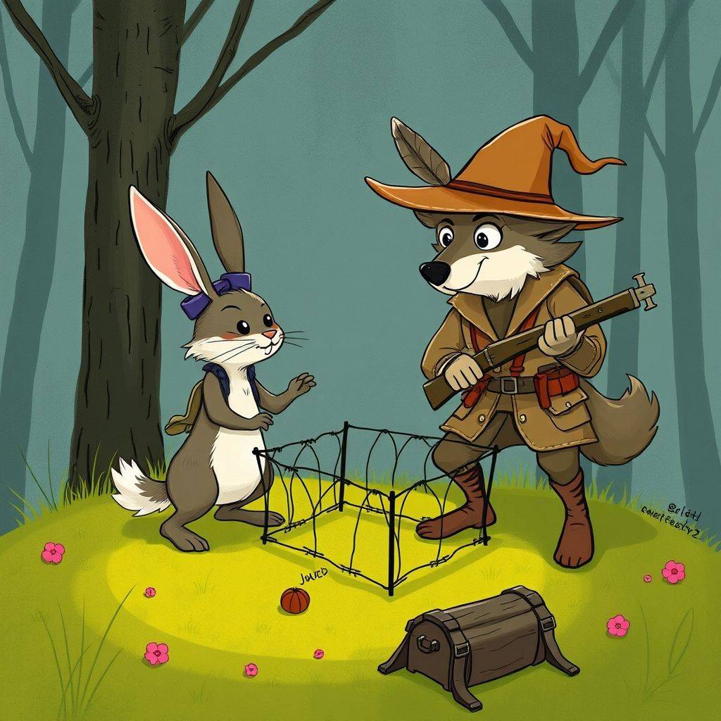 whimsical-The20rabbit20judges20A20wolf20accidentally20falls20into20the20hunters20trap-digital-illustration