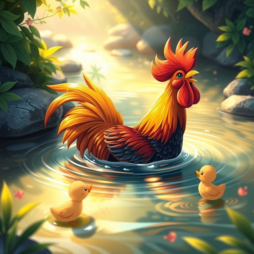 whimsical-The20rooster20swims20The20rooster20crows20seeing20the20little20in20the20river-digital-illustration