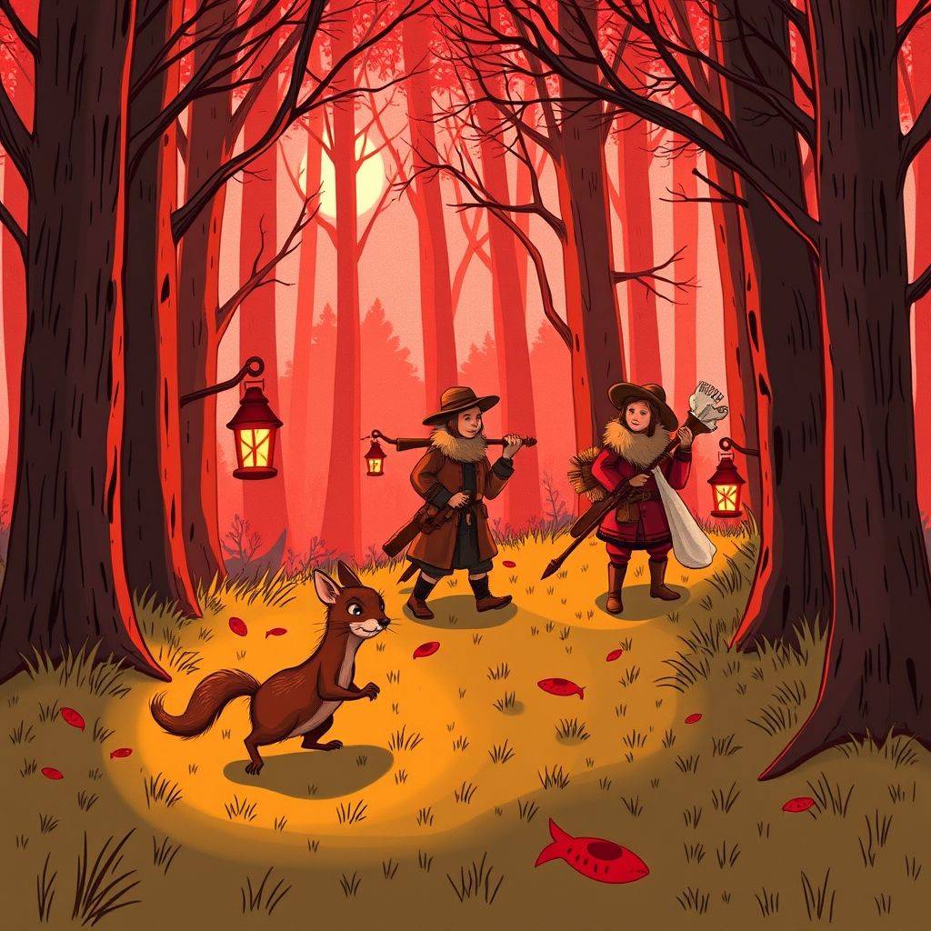 whimsical-The20weasel20farts20hunters20carry20fox20skins20to20the20city20red-digital-illustration